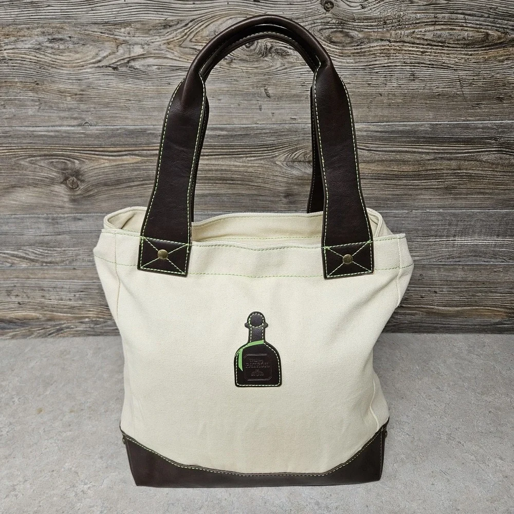 Patron‎ Tequila Canvas Tote Bag Brown Leather Trim Green Lining Insulated Pocket